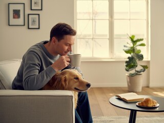 Relaxed Man Enjoys Coffee with Dog at Home Lifestyle Concept Cozy Environment Indoor Scene