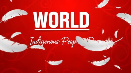 World Indigenous Peoples Day Banner with Falling Feathers on Red Background