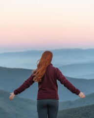 Embracing Freedom Woman with Long Auburn Hair Mountain Landscape Photograph Serenity Back View Nature Concept