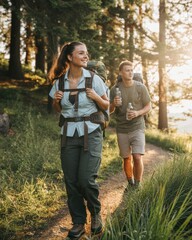 Young Couple Hiking in Nature Outdoor Adventure Photography Scenic Trail Concept