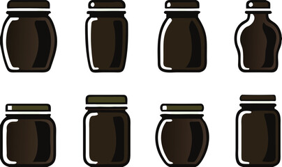 Vector illustration collection of various silhouetted glass jars with caps for preserving food or holding liquids 
