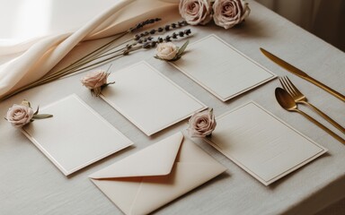 Conceptual Blank Wedding Invitations Elegant Setting Photography Soft Lighting Artistic Viewpoint