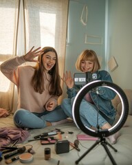 Playful Photography of Two Teenage Girls Indoor Setting Lifestyle Concept Cheerful Environment Captured Moment