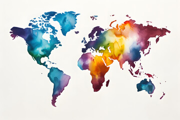 Light grunge watercolor world map isolated on white and transparent background
