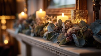 Cozy Christmas mantel with candles and greenery