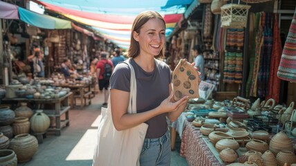 Smiling Woman Holding Handmade Souvenir Market Photo Vibrant Environment Close-up Concept of Local Culture