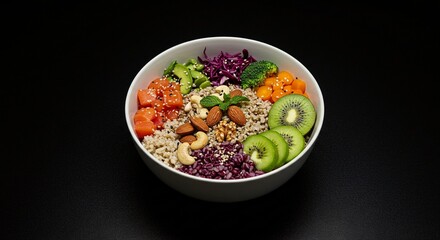 A vibrant and nutritious grain bowl filled with a colorful variety of fresh fruits, vegetables, grains, and nuts against a dark backdrop.