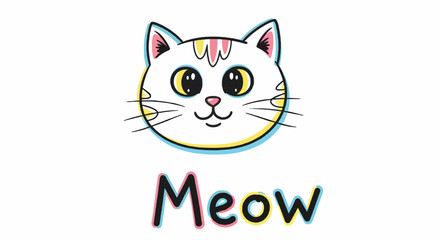 Adorable cartoon cat face with 'Meow' text brings playful charm to any project