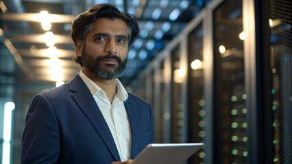 Confidently Indian businessman in a dark suit in data center