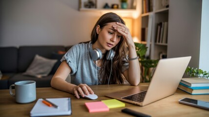 Young Woman Working Remotely from Home Concept of Productivity Home Office Digital Workspace Stress Management