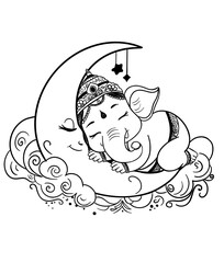 Adorable Bala Ganesh Sleeping Cuddly with Moon - Handmade Art | Cute Baby Ganesha Sleeping with Crescent Moon - Line Art Illustration | Peaceful Bala Ganesh Resting on Moon - Devotional Art Drawing