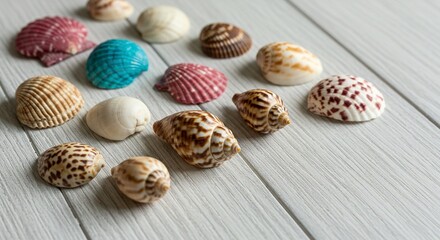 A Collection of Seashells: A diverse assortment of marine treasures, each shell showcases unique patterns and textures. Nature's art on display.