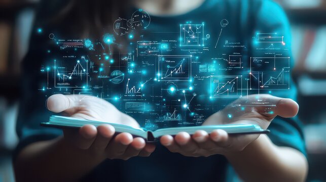 Person holding open book with glowing data visualizations floating above it in a dark setting