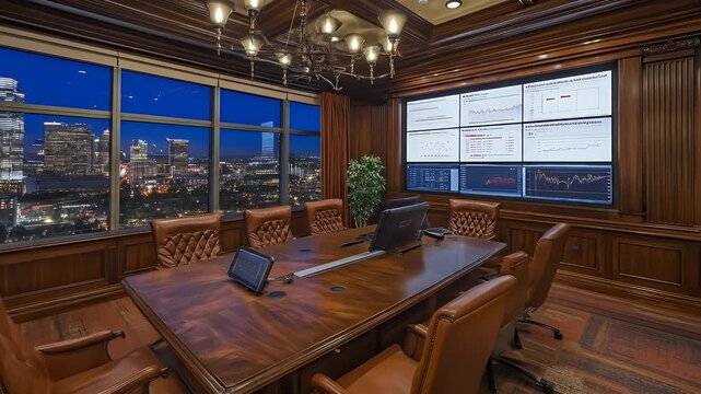 Richly appointed conference room with a city view and multiple display screens