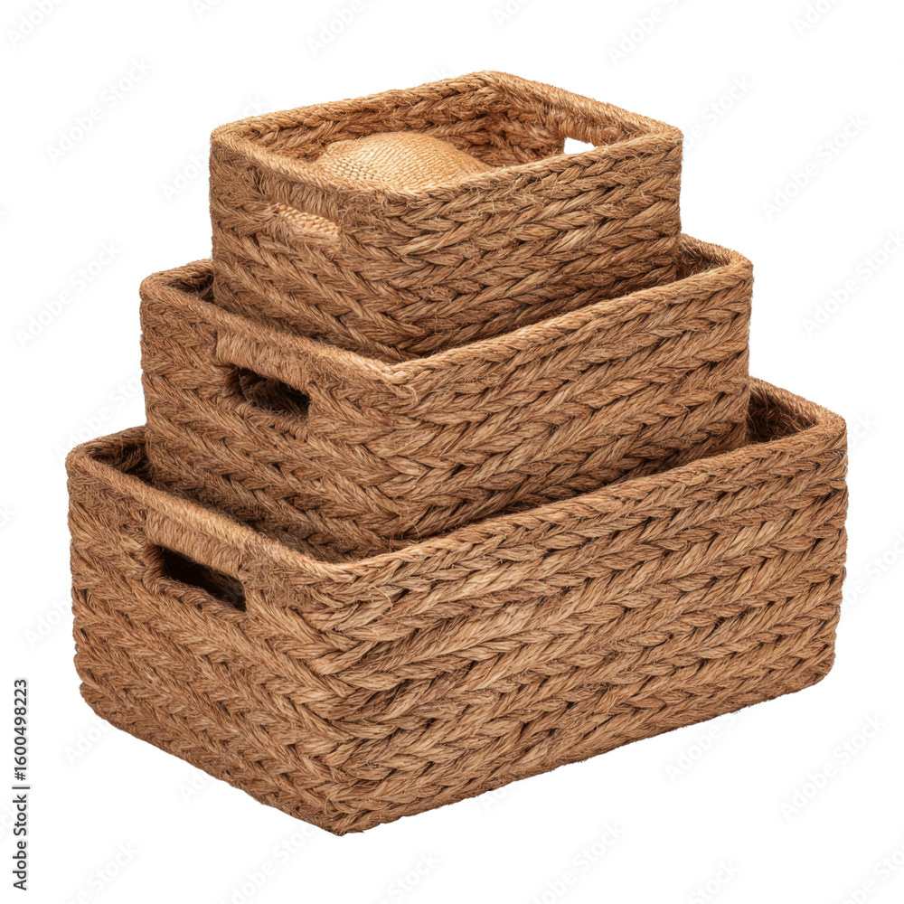 Poster stylish woven storage baskets in three sizes, perfect for organizing and decluttering any space. ide