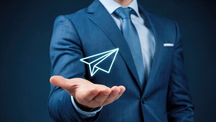 Modern businessman offering digital paper plane innovation communication solution opportunity help