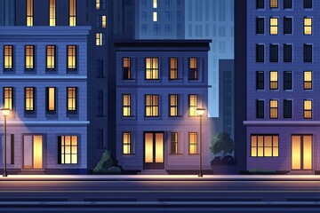 City street at night with illuminated buildings