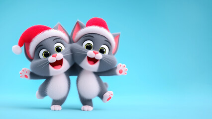 Obraz premium Christmas card. Two cute, funny and cheerful kittens in Santa hats hugging and smiling on a blue background with copy space. Funny cartoon cats