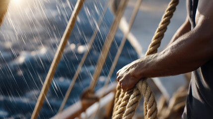 Sailor Hoisting a Sail with Rope and Deck Rail in Natural Light