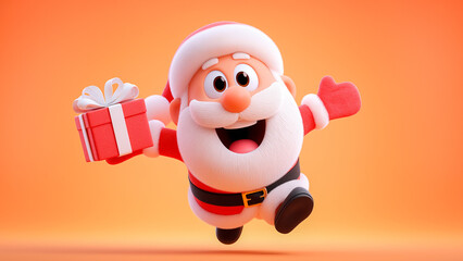 Merry Christmas. Cute, funny and cheerful Santa Claus joyfully runs forward with a gift in his hands on an orange background. Funny cartoon Santa Claus