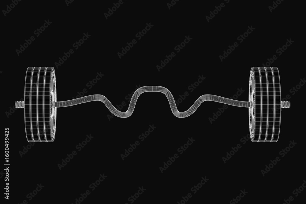 Poster a 3d model of a dumbbell features a sleek black background with a detailed wireframe overlay at the 