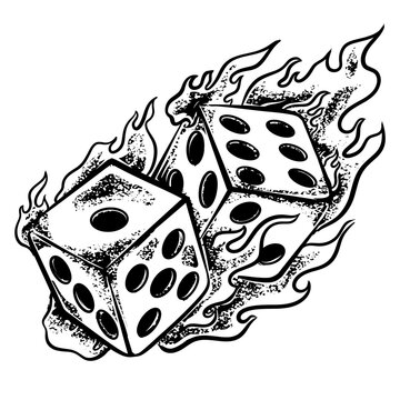 Burning dice in bold black and white vintage tattoo style, perfect for gambling-themed design, retro tattoo flash, or lucky symbol art.