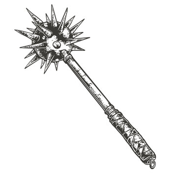 Vintage engraving of a medieval spiked mace (morning star), hand-drawn style, ideal for fantasy, historical, or knight-themed artwork.