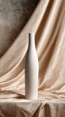 A tall, matte white ceramic vase stands against a textured beige fabric backdrop, highlighting simplicity and elegance in minimalistic decor.