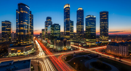 A dynamic city skyline at dusk, with towering skyscrapers illuminated and vibrant light trails from traffic on busy roads below