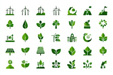 Green Leaf and Windmill Icons Pixel Art Set