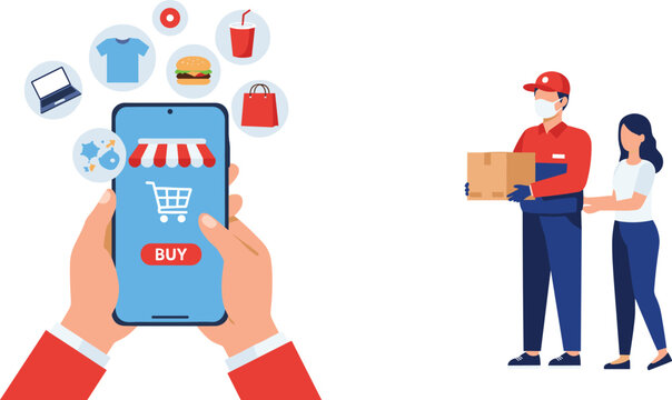 Online shopping illustration, e-commerce delivery concept, mobile order purchase, product shipping, digital retail, contactless delivery, online store transaction, logistics