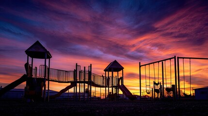 Colorful sunset over a playground