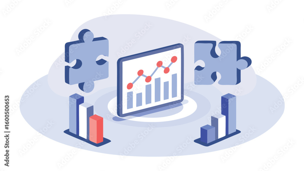 Poster isometric illustration of a data analysis screen with charts and puzzle pieces around it