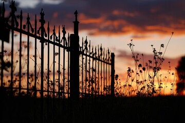 Silhouette of an old metal fence at sunset