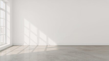 Fototapeta premium 3D rendering of a modern, sunlit loft featuring white walls and a concrete floor