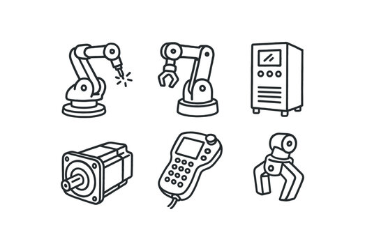 hand drawn cute out doodle style isolated industrial robot welding arm industrial robot gripper module industrial robot control cabinet industrial robot servo motor industrial robot teach