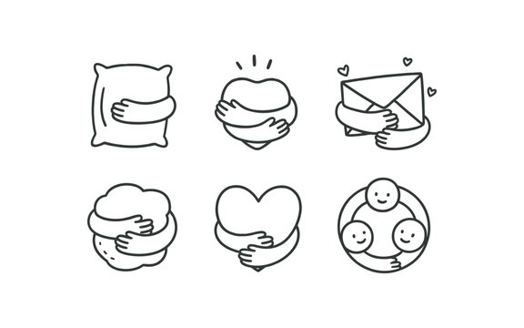 hand drawn cute out doodle style isolated hugs pillow corner hugs warmth glow hugs envelope icon hugs comfort cushion hugs heart out hugs group circle