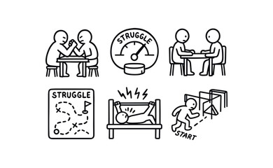 hand drawn cute out doodle style isolated stggle arm wrestling stand stggle resistance meter stggle negotiation table stggle war game board stggle stress test rig stggle obstacle course