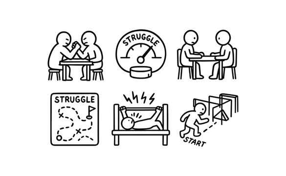 hand drawn cute out doodle style isolated stggle arm wrestling stand stggle resistance meter stggle negotiation table stggle war game board stggle stress test rig stggle obstacle course