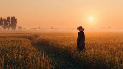 Woman in straw hat enjoys golden hour in a rice field during a foggy sunrise, looking out at the misty landscape in Southeast Asia