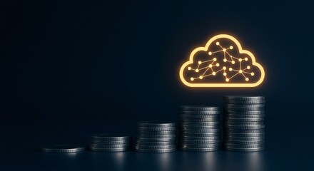 Illustration of financial growth in cloud technologies. Rising stacks of coins represent the growing investment in cloud infrastructure.