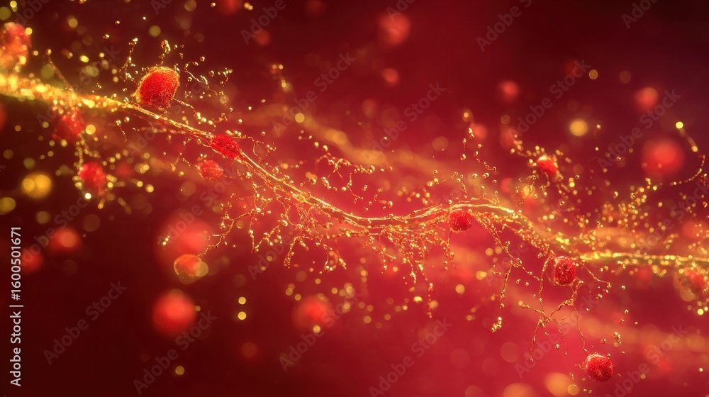 Aufkleber sequence showing dynamic formation of diffuse intravascular microclots glistening with golden hues a