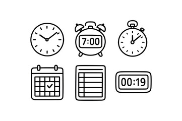 hand drawn cute out doodle style isolated punctuality analog clock face punctuality digital alarm bell punctuality timekeeper stopwatch punctuality calendar reminder punctuality timesheet
