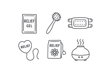 hand drawn cute out doodle style isolated relief analgesic gel packet relief pressure point massager relief heat wrap band relief TENS unit pad relief chamomile tea sachet relief
