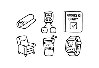 hand drawn cute out doodle style isolated recovery period physiotherapy mat recovery period muscle stimulator recovery period progress diary recovery period rest recr chair recovery period