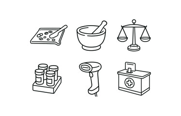 hand drawn cute out doodle style isolated pharmacist pill counter tray pharmacist mortar and pestle pharmacist compounding balance scale pharmacist prescription vial rack pharmacist NDC