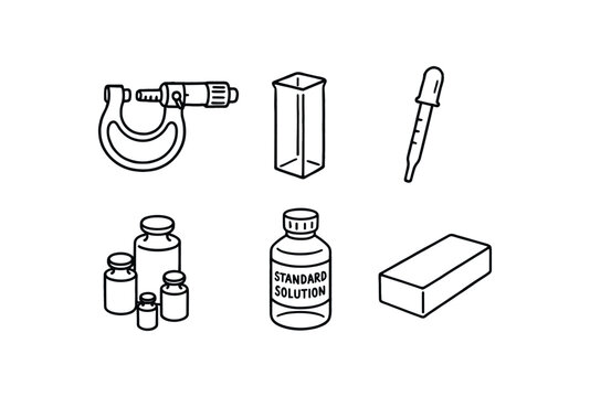 hand drawn cute out doodle style isolated accuracy micrometer caliper accuracy spectrophotometer cuvette accuracy pipette calibration tool accuracy balance accuracy reference standard