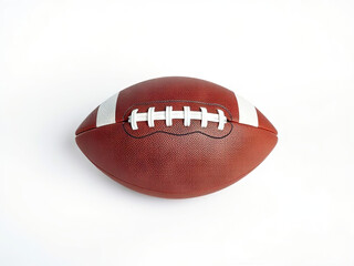 Close up of American football with white laces and textured brown leather, isolated on white background
