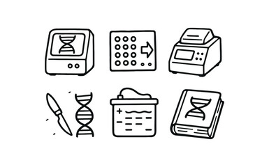 hand drawn cute out doodle style isolated geneticist DNA sequencer geneticist gene microarray geneticist PCR thermocycler geneticist CRISPR kit geneticist gel electrophoresis tank