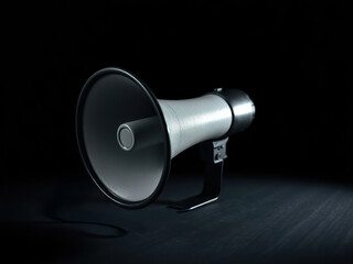 White megaphone with black handle and rim is placed on dark surface, illuminated dramatically against black background